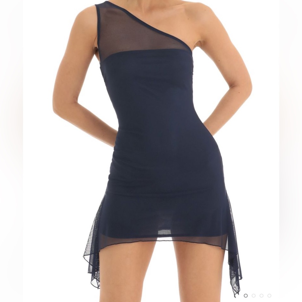 navy blue on shoulder dress